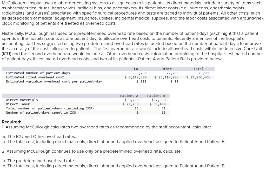 Solved McCullough Hospital uses a joborder costing system