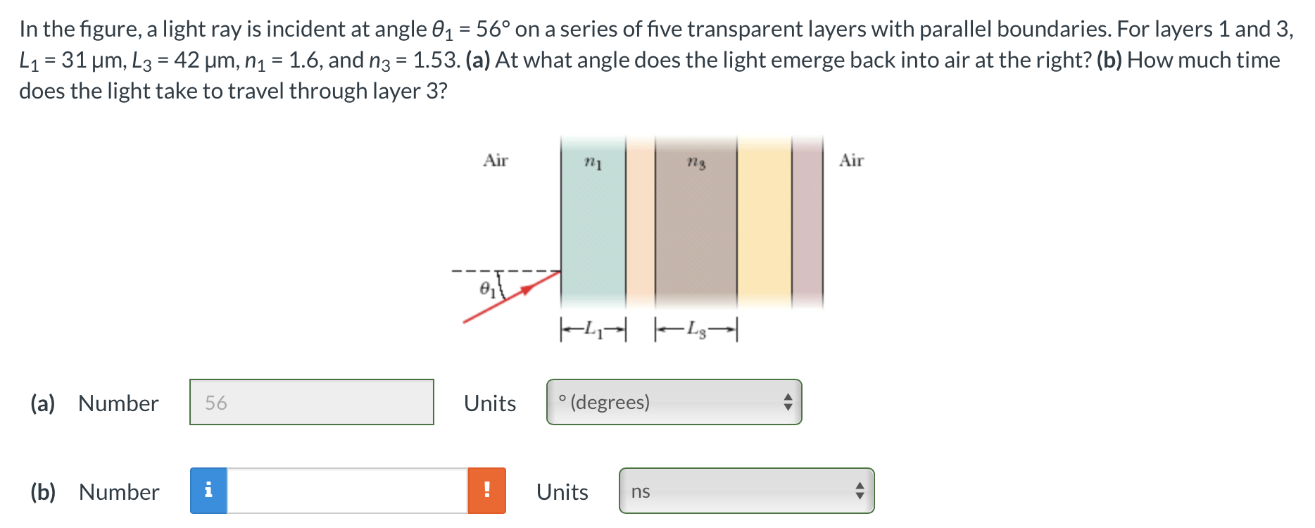 Solved In the figure, a light ray is incident at angle 01 = | Chegg.com