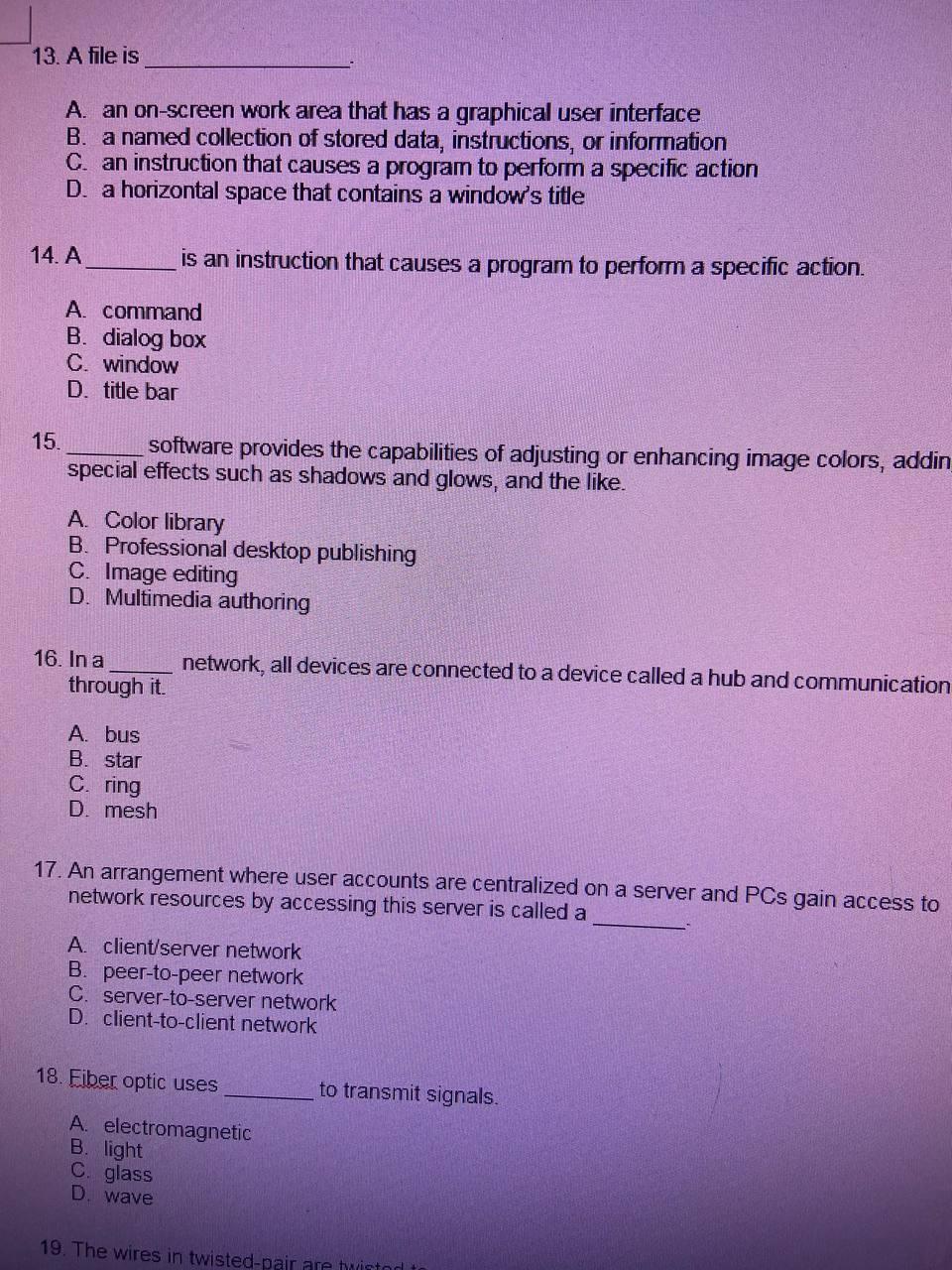 13. A file is
A. an on-screen work area that has a graphical user interface
B. a named collection of stored data, instruction