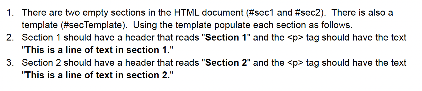 Solved 1. There are two empty sections in the HTML document | Chegg.com