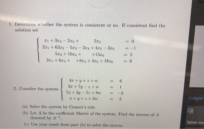 Solved 1. Determine whether the system is consistent or no. | Chegg.com
