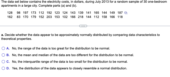Solved The data set below contains the electricity costs, in | Chegg.com