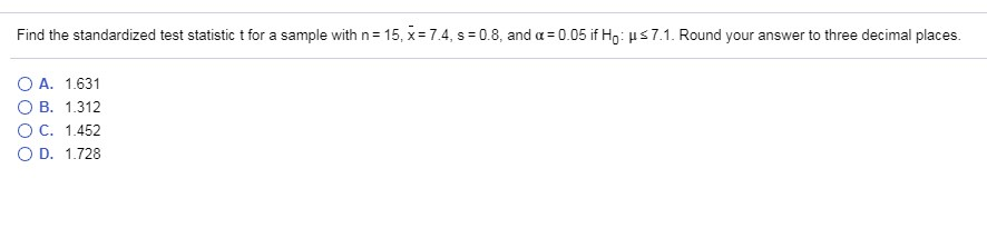 Solved Find the standardized test statistic t for a sample | Chegg.com
