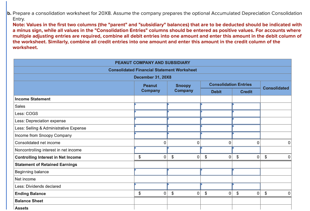 Prepare a consolidation worksheet for 20X8. Assume the company prepares the optional Accumulated Depreciation Consolidation E