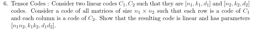 Solved 6. Tensor Codes : Consider two linear codes C1,C2 | Chegg.com