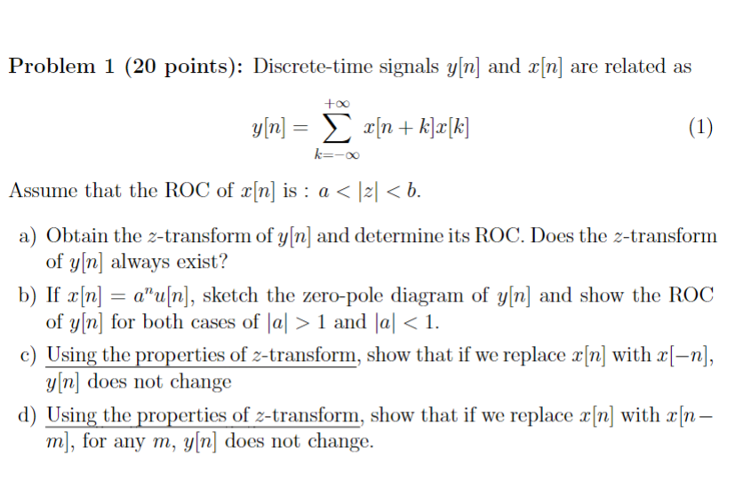 Solved Problem 1 (20 points): Discrete-time signals y[n] and | Chegg.com