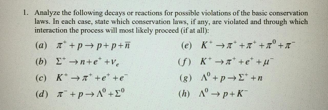 Solved 1 Analyze The Following Decays Or Reactions For P Chegg Com