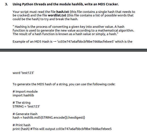 Solved Using Python threads and the module hashlib, write an