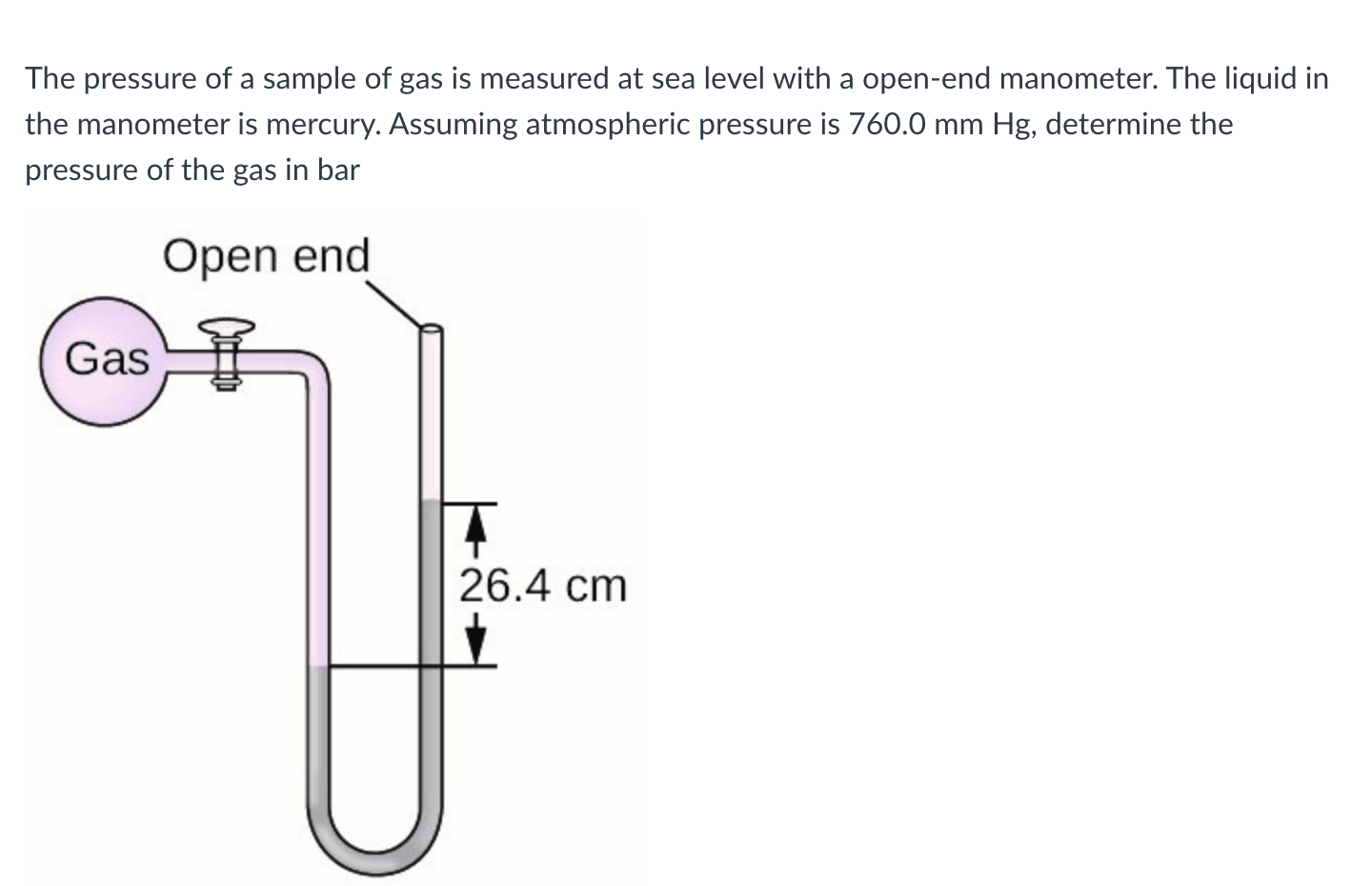 The pressure of a sample of gas is measured at sea level with a open-end manometer. The liquid in the manometer is mercury. A