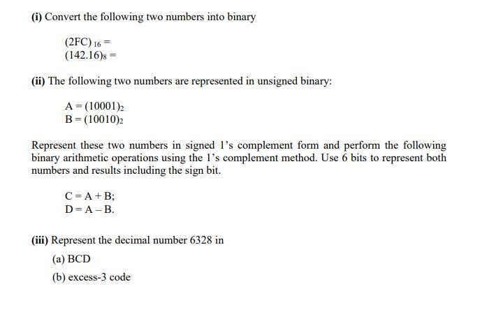 Solved (i) Convert the following two numbers into binary | Chegg.com