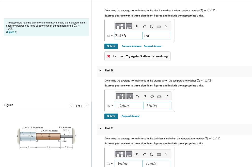 Solved Determine the average normal stress in the aluminum | Chegg.com