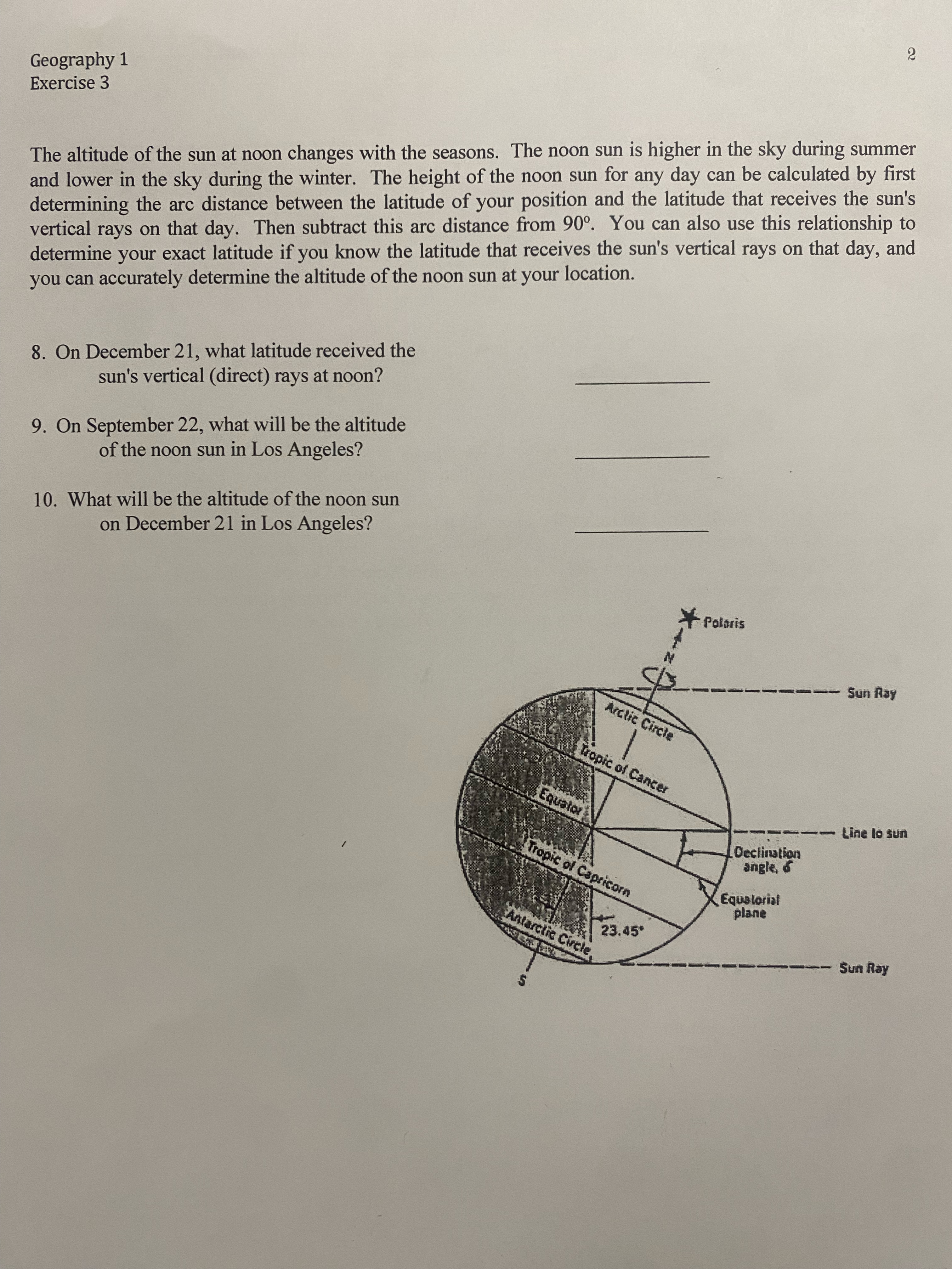 [Solved] Geography 1 Exercise 3 The altitude of the sun at