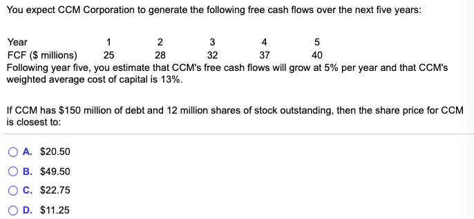 Solved You Expect Ccm Corporation To Generate The Following Chegg Com