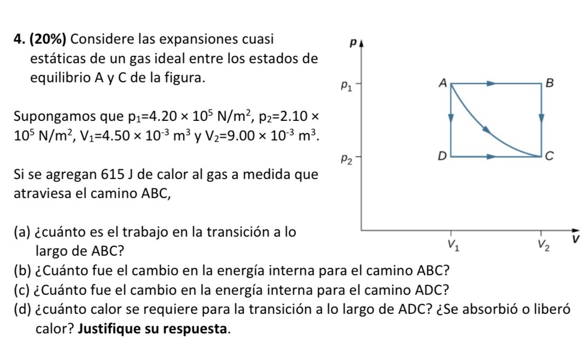 4. \( (\mathbf{2 0 \%}) \) Considere las expansiones cuasi estáticas de un gas ideal entre los estados de equilibrio \( \math