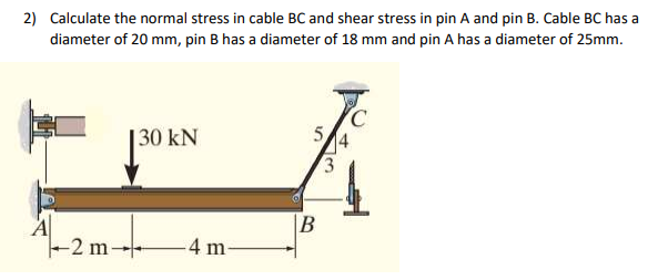 Solved 2) Calculate the normal stress in cable BC and shear | Chegg.com