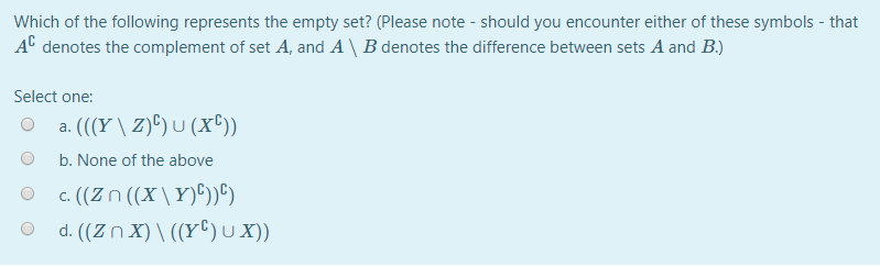 Solved Which of the following represents the empty set? | Chegg.com