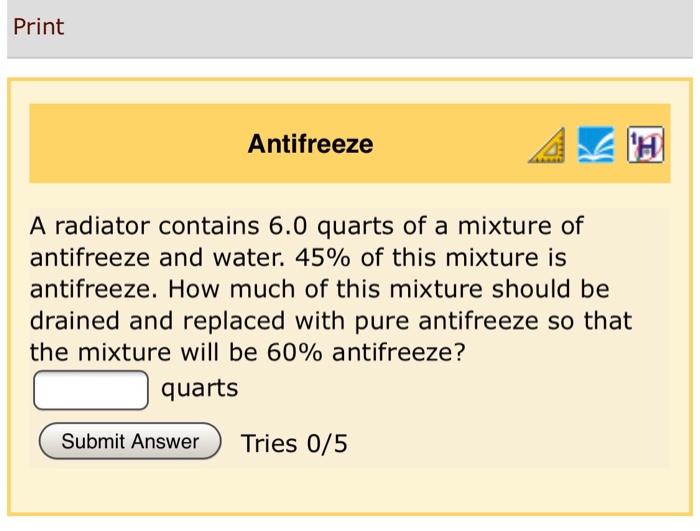 Solved Print Antifreeze A radiator contains 6.0 quarts of a