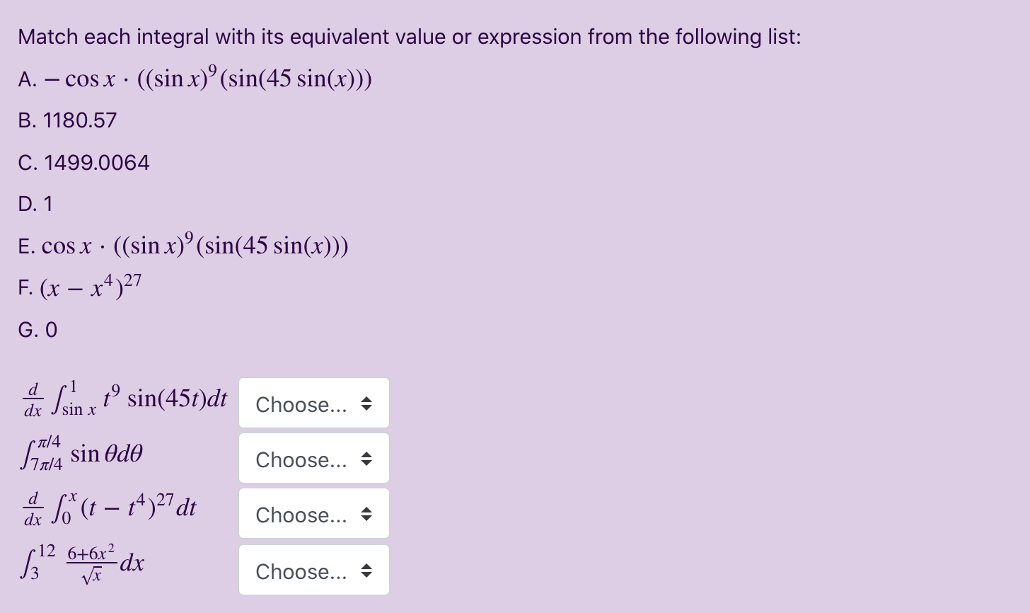 Solved Match Each Integral With Its Equivalent Value Or E Chegg Com