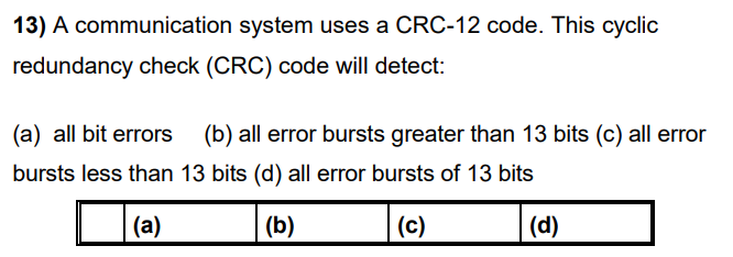 Solved 13) A communication system uses a CRC-12 code. This | Chegg.com
