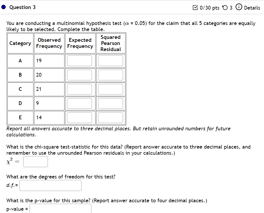 Solved Question 3 0/30 pts 3 Details You are conducting a | Chegg.com