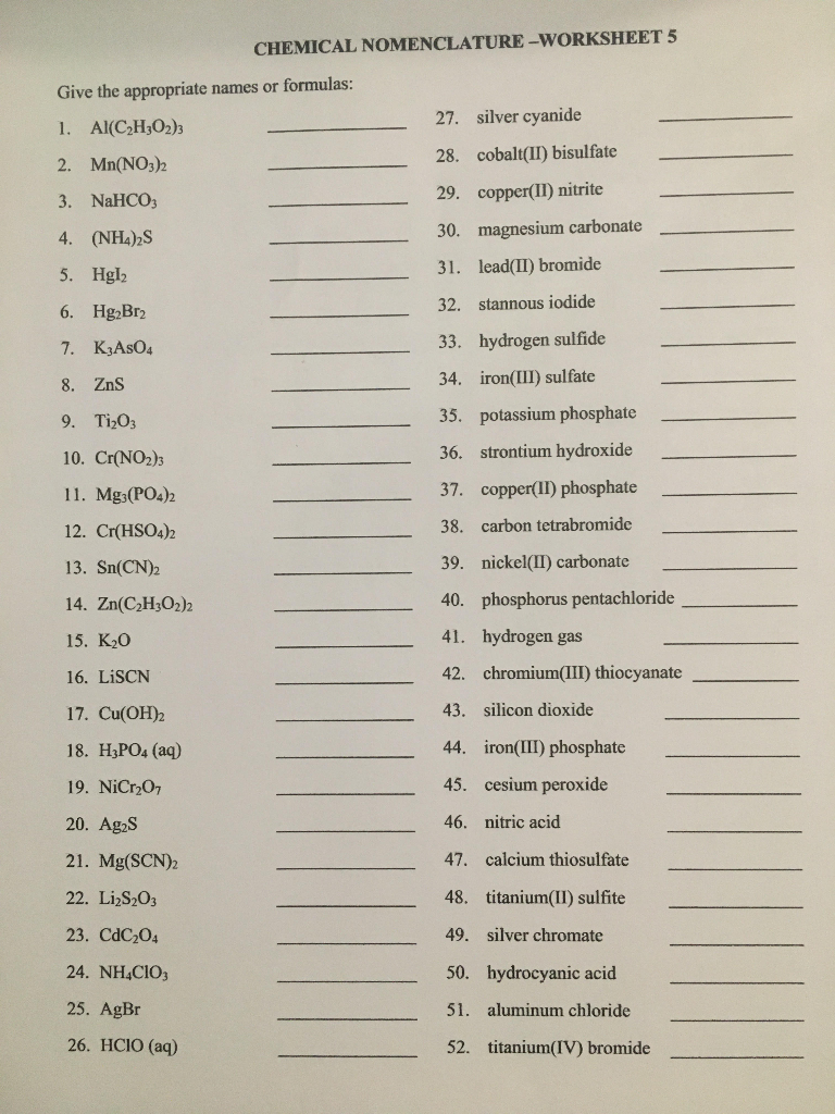 Solved CHEMICAL NOMENCLATURE-WORKSHEET 5 Give the | Chegg.com