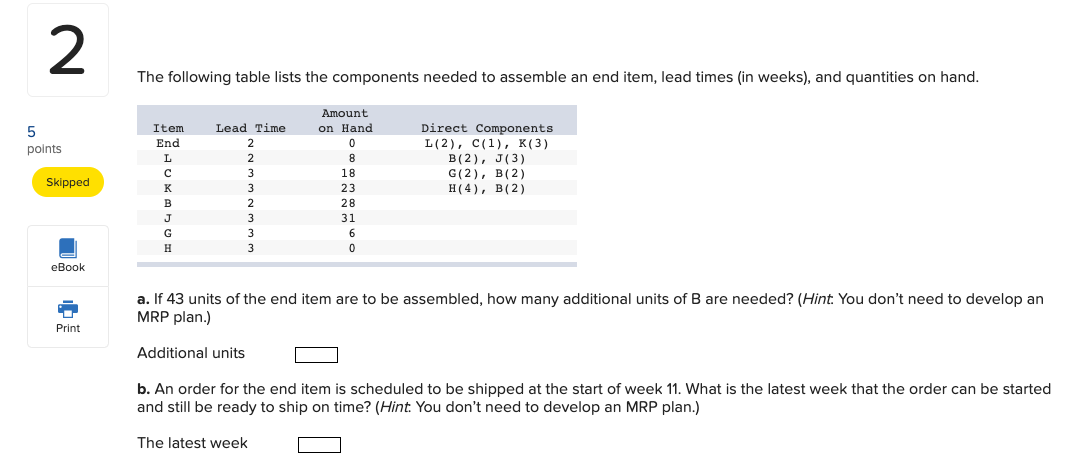 Solved The Following Table Lists The Components Needed To Chegg Com