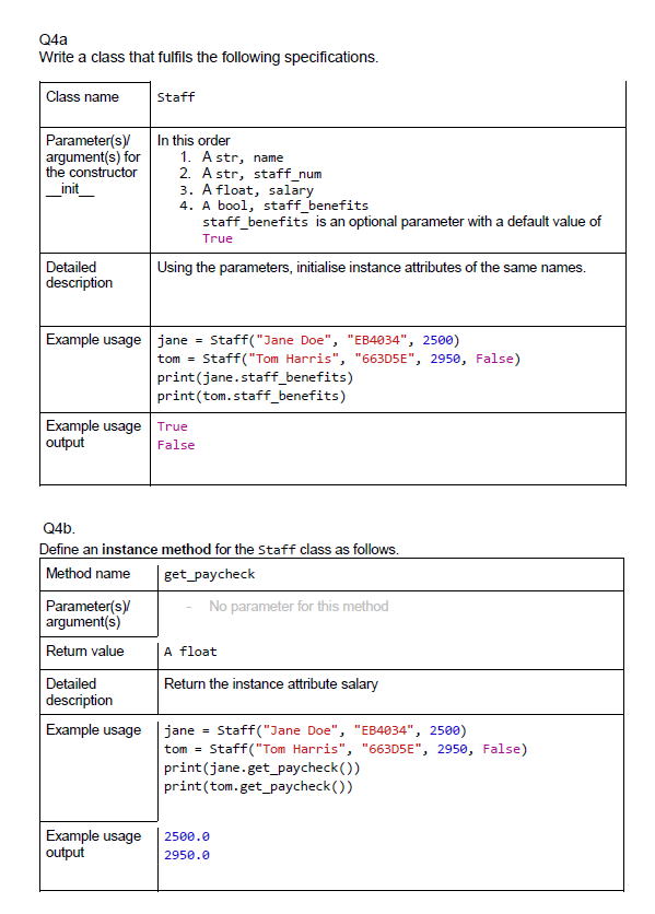 Solved Q4a Write a class that fulfils the following | Chegg.com