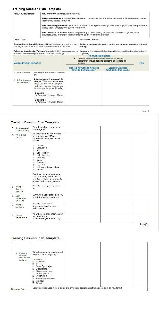 Training Session Plan Template NEEDS ASSESSMENT WHO | Chegg.com