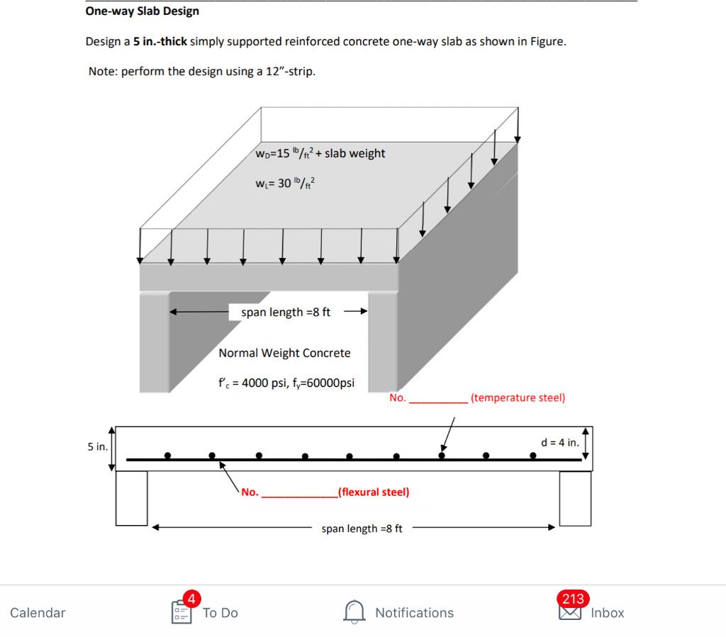 Calendar
One-way Slab Design
Design a 5 in.-thick simply supported reinforced concrete one-way slab as shown in Figure.
Note: