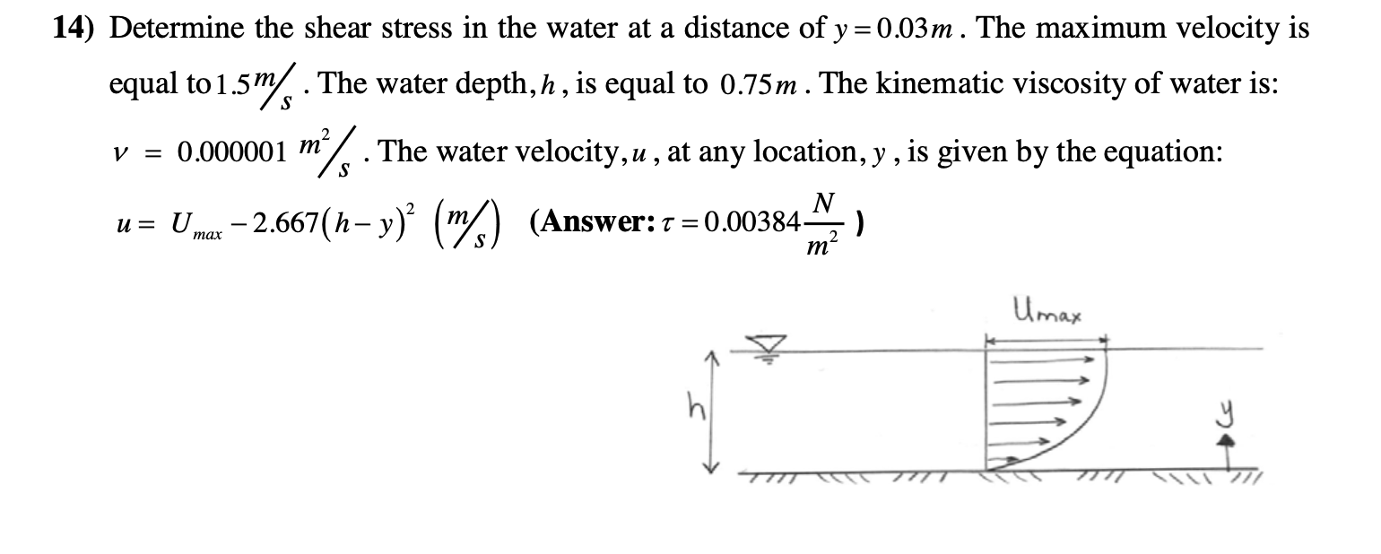 Solved 14) Determine the shear stress in the water at a | Chegg.com