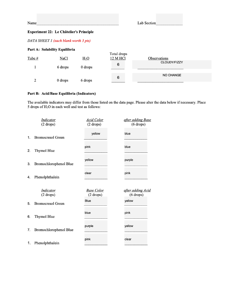 Solved Name Lab Section Experiment 22: Le Châtelier's | Chegg.com