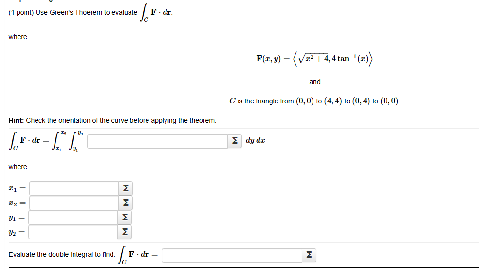 Solved (1 point) Use Green's Thoerem to evaluate ∫CF⋅dr. | Chegg.com