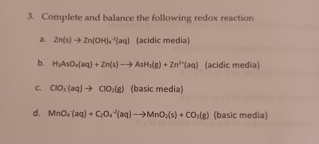 Solved 3. Complete And Balance The Following Redox Reaction | Chegg.com