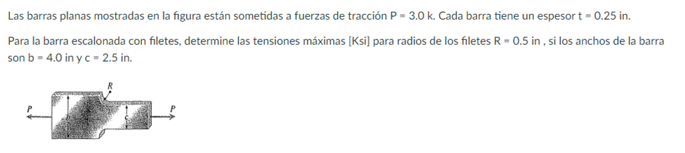 Las barras planas mostradas en la figura están sometidas a fuerzas de tracción \( \mathrm{P}=3.0 \mathrm{k} \). Cada barra ti