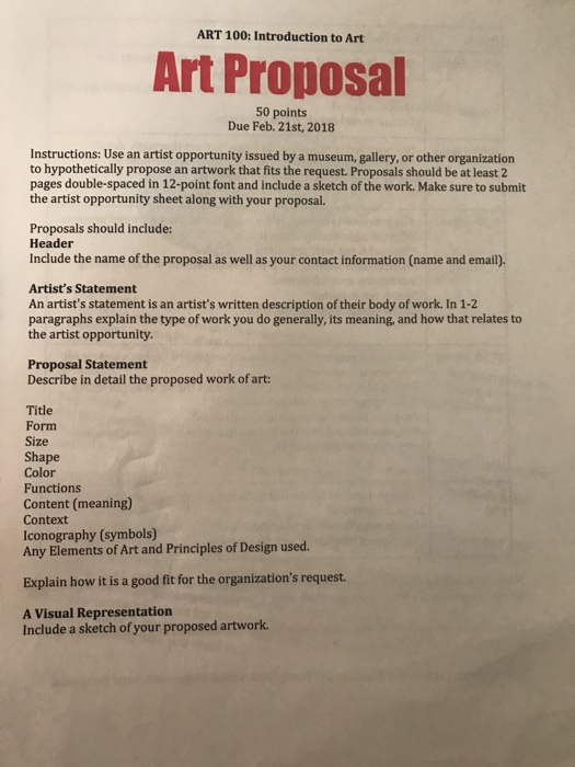 ART 100 Introduction to Art Art Proposal 50 points