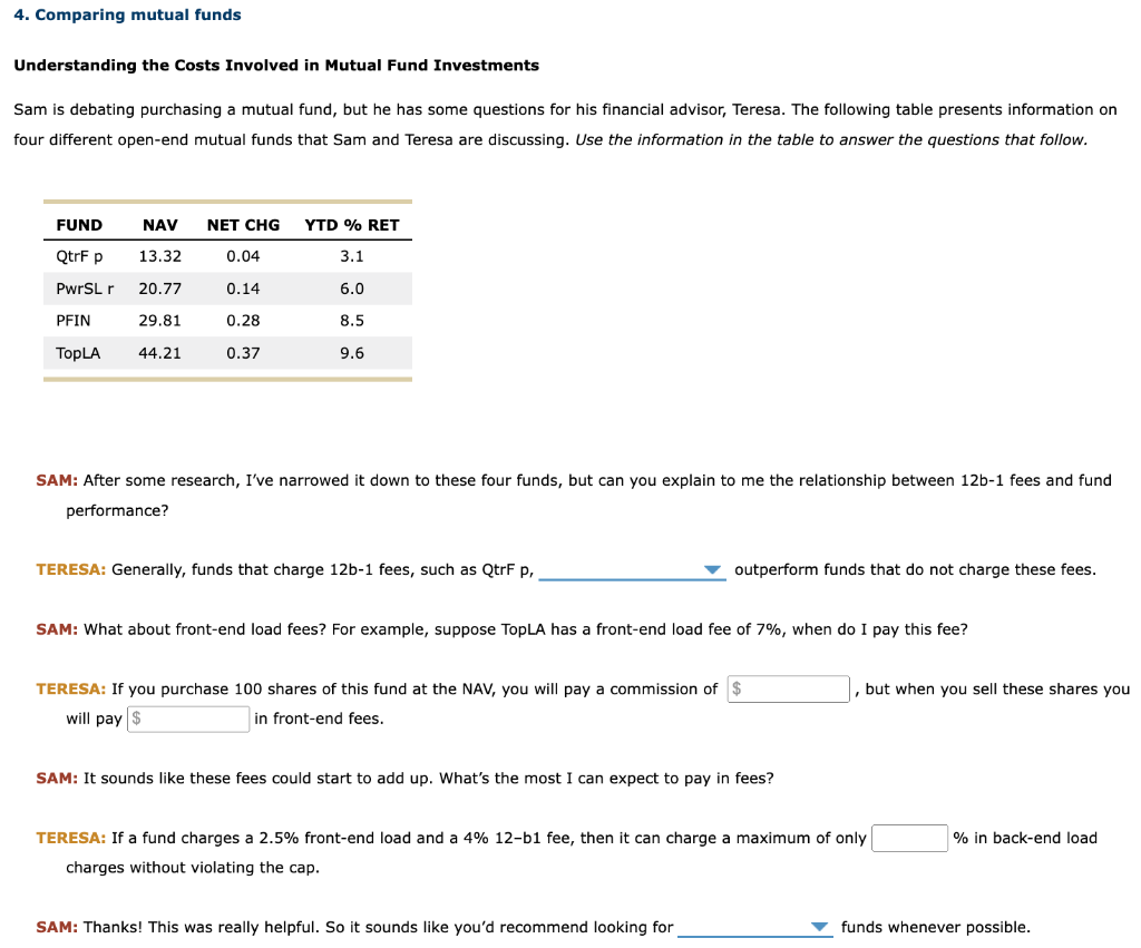 Solved 4. Comparing Mutual Funds Understanding The Costs | Chegg.com