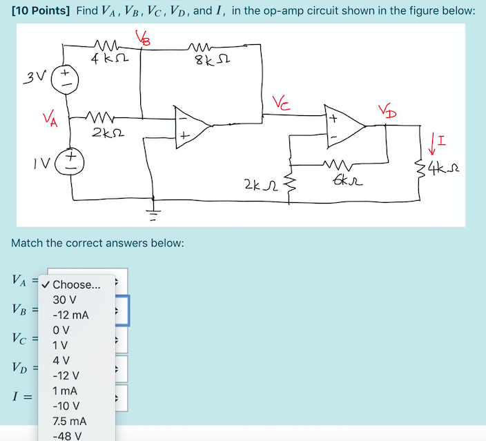 Solved [10 Points] Find VA, VB, Vc, Vp, and I, in the opamp