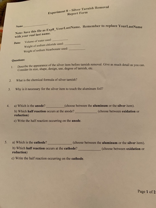 Experiment 8-Silver Tarnish Removal Report Form Note: | Chegg.com