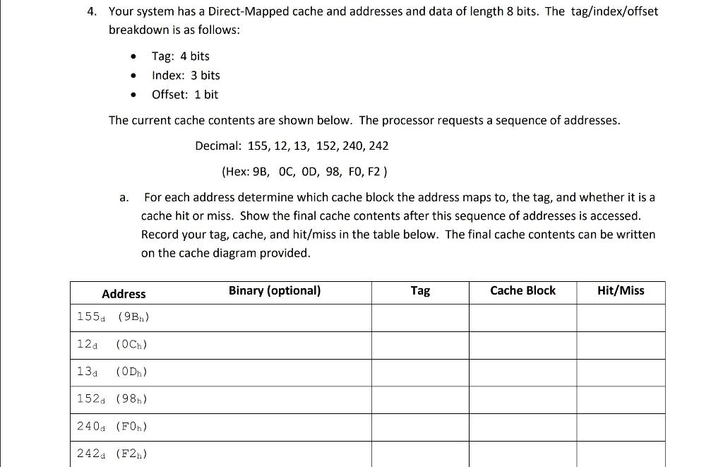 Solved 4. Your system has a Direct-Mapped cache and | Chegg.com