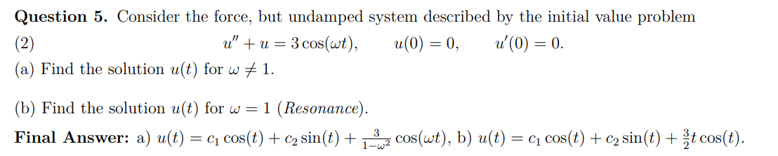 Solved Question 5. Consider the force, but undamped system | Chegg.com