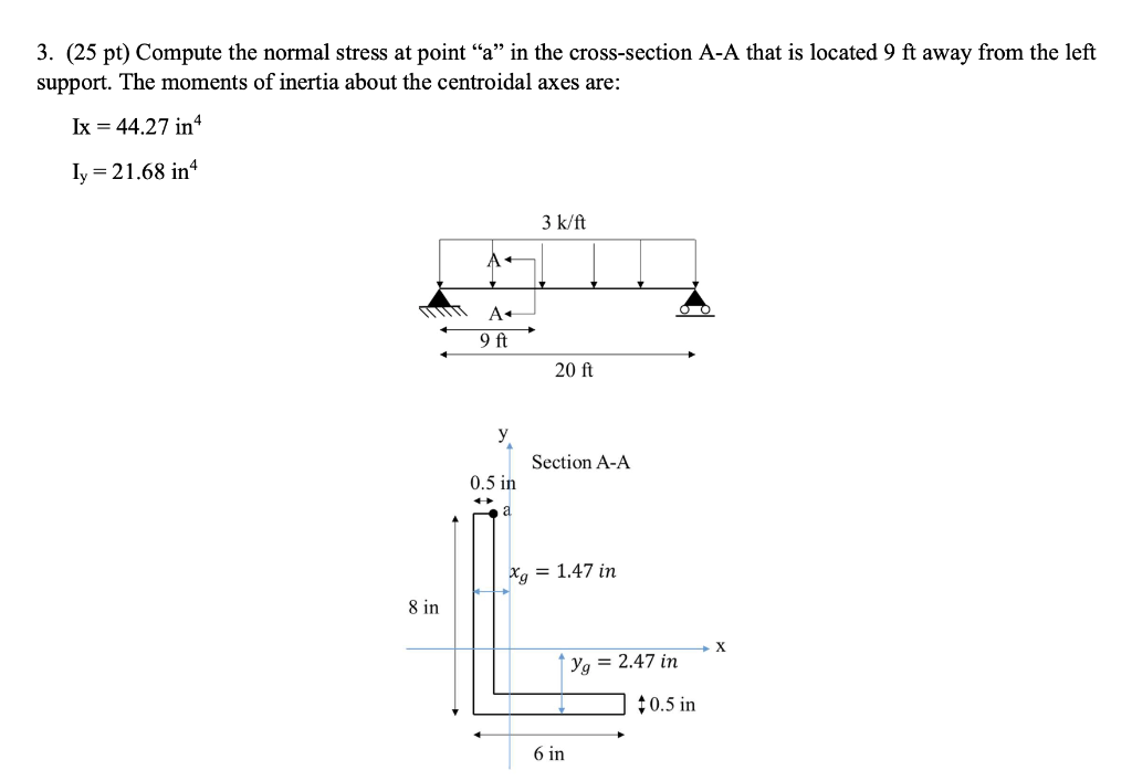 Solved 3. (25 pt) Compute the normal stress at point “a” in | Chegg.com