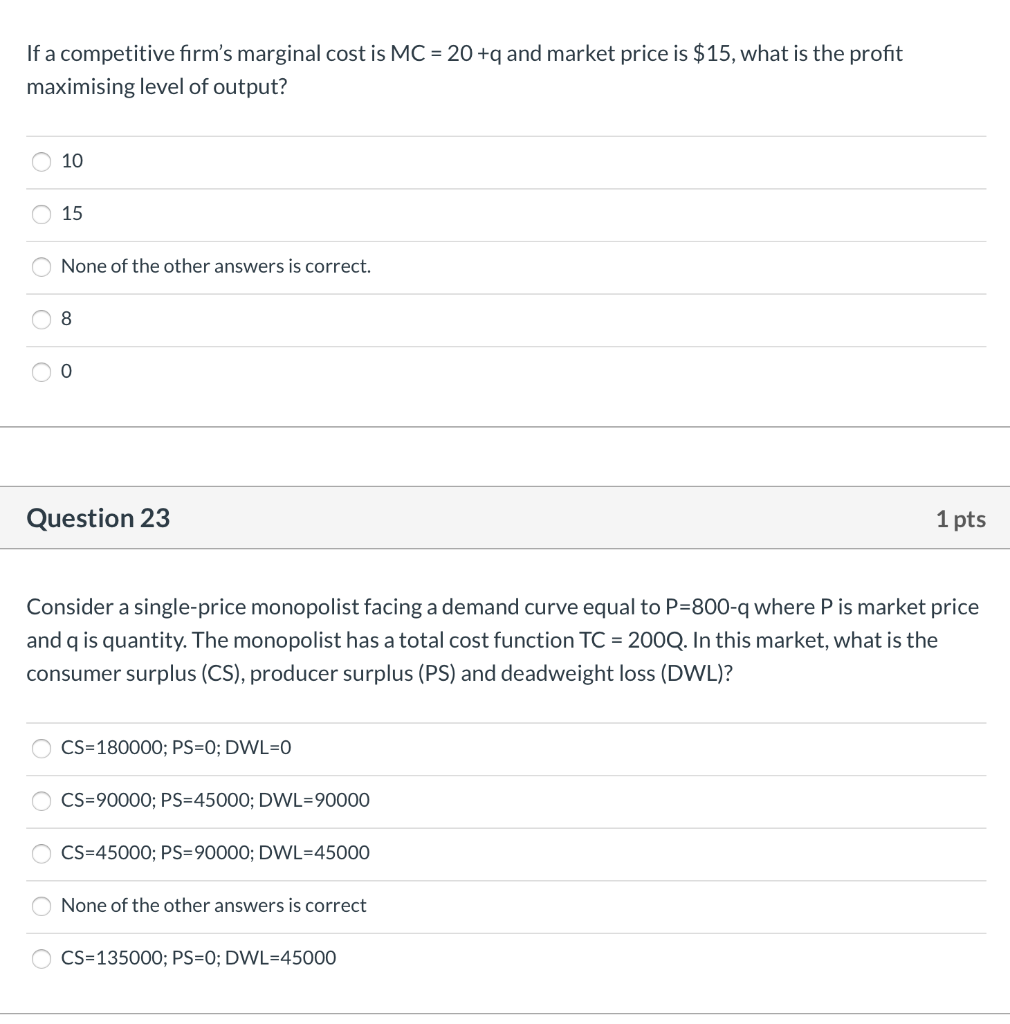 Solved If a competitive firm's marginal cost is MC = 20+q | Chegg.com