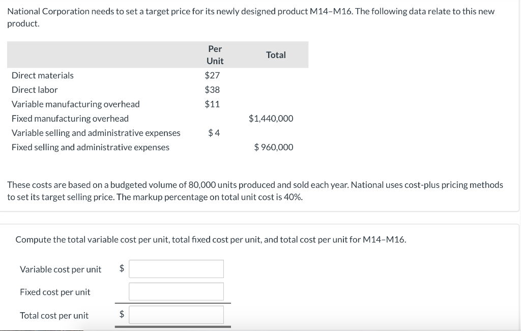 Solved Compute variable cost per unit, fixed cost per unit,