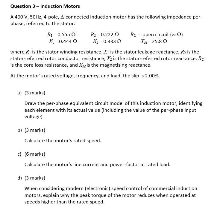 Solved Induction Motors Question 3 A 400 V, 50HZ, 4-pole, | Chegg.com