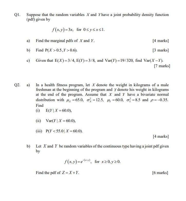 Solved Q1. Suppose that the random variables X and Y have a | Chegg.com
