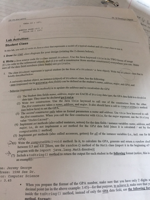 Solved 127 publie votd c2) Lab Activitios: Student Class In | Chegg.com