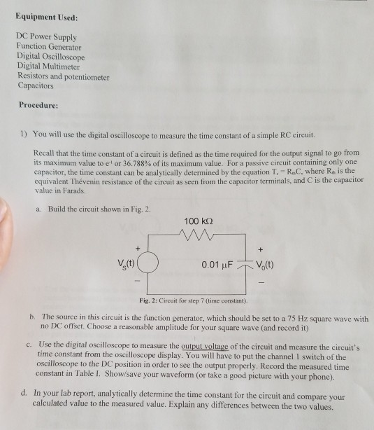 Equipment Used DC Power Supply Function Generator
