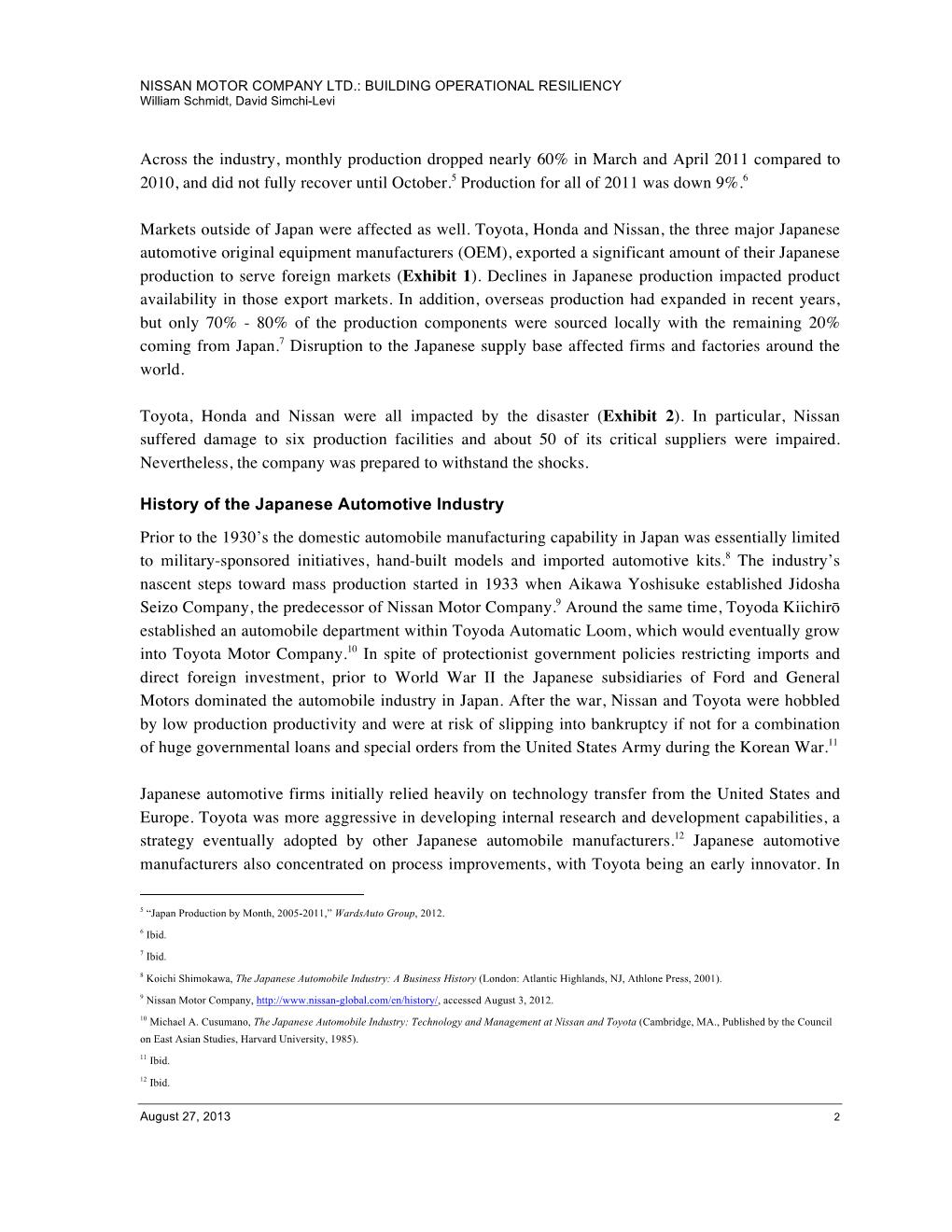 NISSAN motor company ltd.: building operational resiliency william schmidt, david simchi-levi across the industry, monthly pr