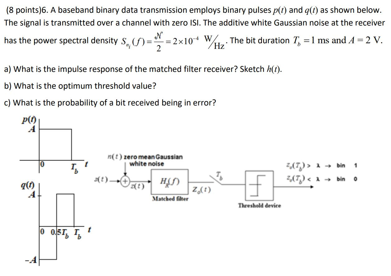 Solved (8 Points)6. A Baseband Binary Data Transmission | Chegg.com