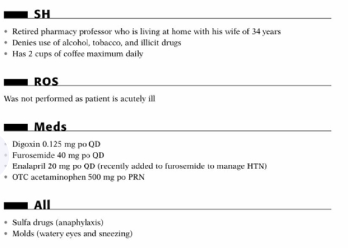 SH • Retired pharmacy professor who is living at home with his wife of 34 years • Denies use of alcohol, tobacco, and illicit